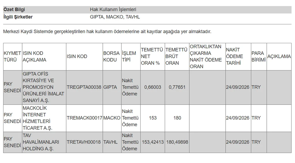 Temettü Ödeme Detayları